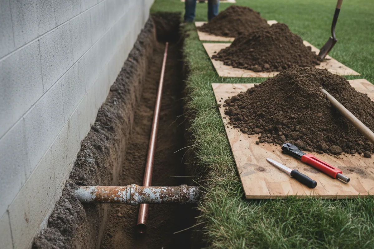 Excavated water line trench during Water Softener Installation in Mahopac